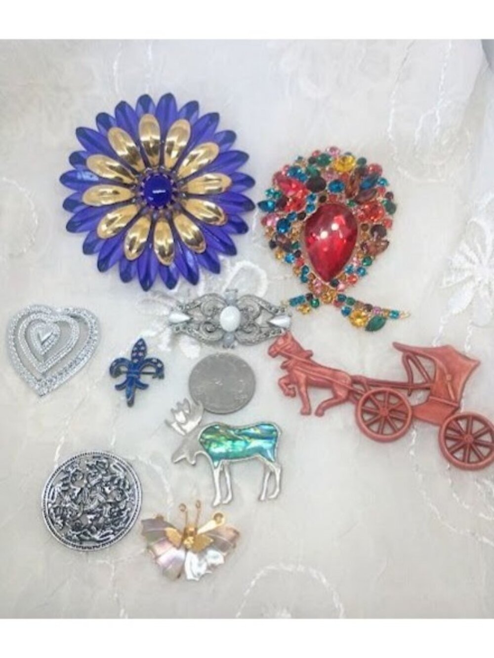 8 Vintage brooch's Pendant Sterling ,Rhinestone,Abalone,Marcasite,Enamel